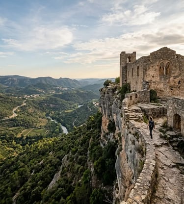 Siurana Castle ruins on cliff edge above river gorge in Priorat Catalonia