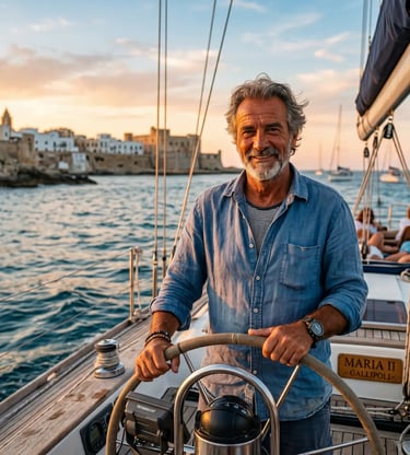  Experienced local skipper at the helm of sailing boat Maria II at sunset in Gallipoli, Puglia