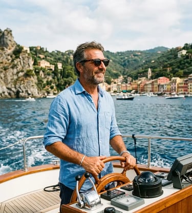 Professional skipper steering a private boat along the Cinque Terre Ligurian coast