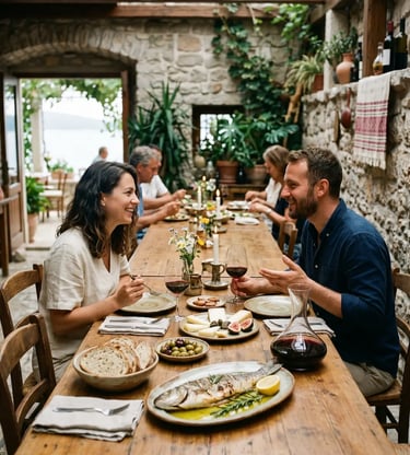 Couple enjoying slow romantic lunch with wine and fresh fish at traditional Croatian konoba tavern