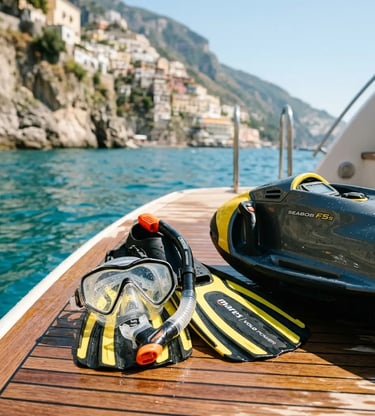 Snorkel gear and Sea Scooter on a teak swim platform with Amalfi Coast waters behind