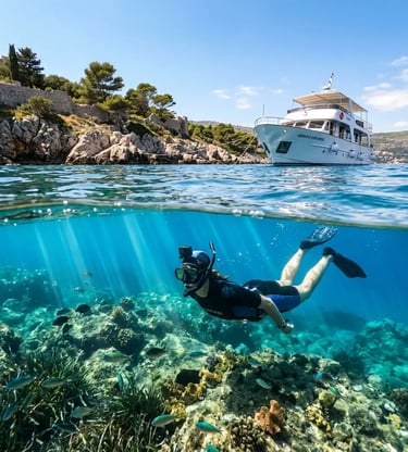 Snorkeler exploring clear Adriatic water over reef with tour boat above near Dubrovnik
