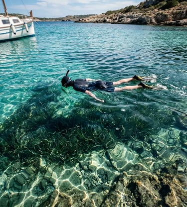 Snorkeler swimming in clear turquoise water near boat in Mediterranean Sea cove