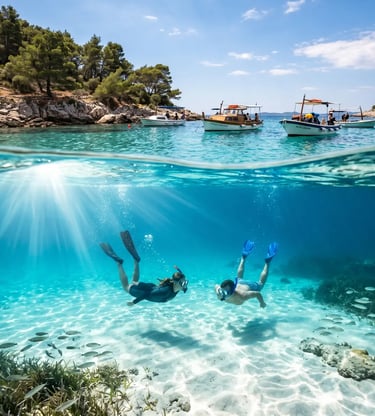  Snorkelers in crystal clear turquoise water at Blue Lagoon Budikovac, Croatia