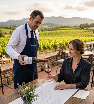 Sommelier pouring red Garnacha wine for guest at El Penedès vineyard terrace
