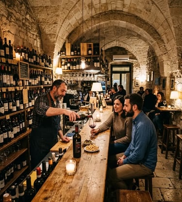 Sommelier pouring Primitivo wine for guests at an intimate stone-walled wine bar in Bari