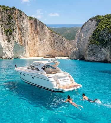 Luxury speedboat anchored in turquoise cove with swimmers near Zakynthos cliffs