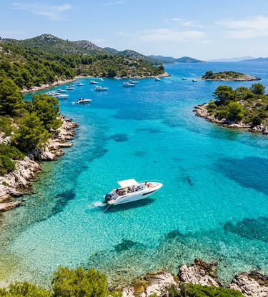Private speedboat anchored in turquoise Blue Lagoon waters near Drvenik Veli island Croatia