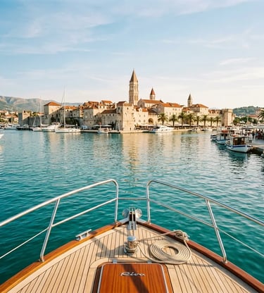 Bow of Magnific Raptor speedboat approaching Trogir old town from the sea