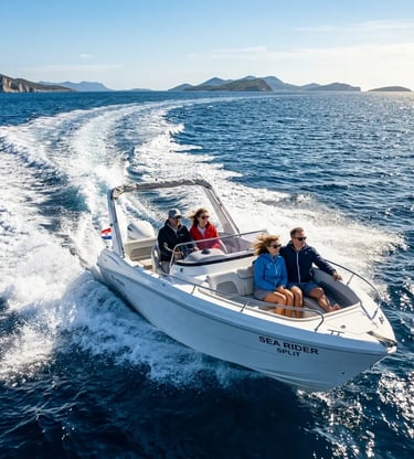 Speedboat crossing the open Adriatic Sea near Split with Croatian islands on the horizon