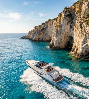 Cranchi Endurance 39 speedboat cruising past limestone cliffs in Zakynthos Ionian Sea