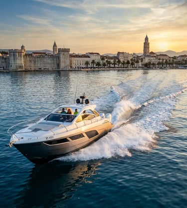 Luxury speedboat departing Split old town for a Hvar island hopping tour at golden hour