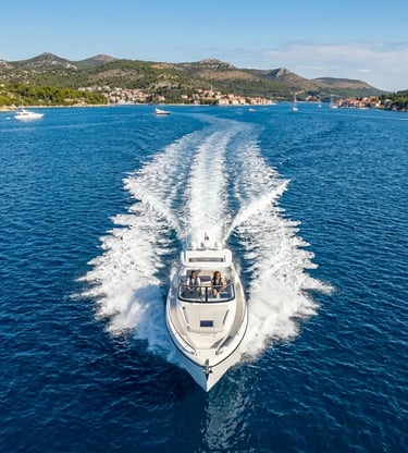 Private speedboat cutting through blue Adriatic Sea near Croatian islands