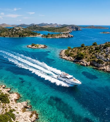 Aerial view of a speedboat cruising through turquoise Adriatic Sea near Croatian islands