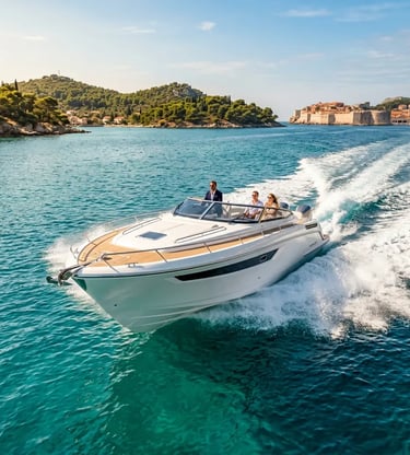 Private speedboat cruising turquoise water near Dubrovnik on Elaphiti Islands tour
