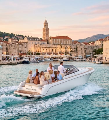 Luxury speedboat with travelers departing Split old harbor near Diocletian's Palace bell tower