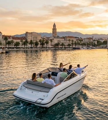 Speedboat departing Split harbor at sunset with Diocletian's Palace and palm trees in background