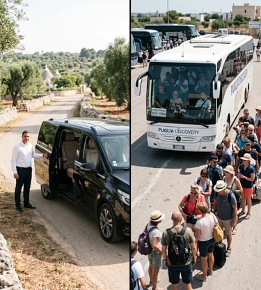 Private Mercedes van for Valle d'Itria tour from Lecce versus crowded group tour bus in Alberobello