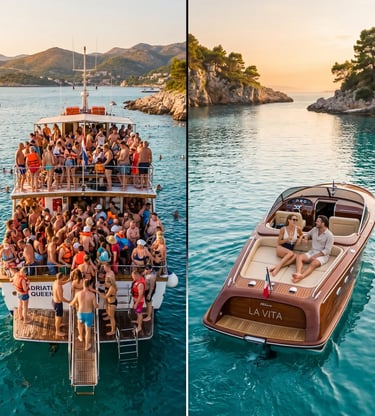 Crowded group tour boat compared with private luxury speedboat in Split Croatia Adriatic waters