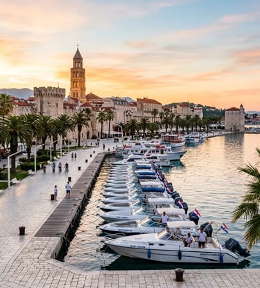 Split Riva waterfront with tour boats docked along the promenade at sunset, Croatia