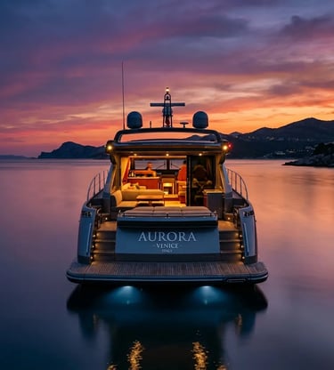 Rear view of Azimut 62S Aurora glowing at dusk with purple sunset over calm Adriatic