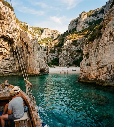 Wooden boat approaching Stiniva Beach on Vis Island between dramatic cliff walls in Croatia.