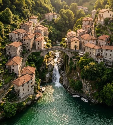 Aerial view of Ponte della Civera stone bridge and Nesso village gorge on Lake Como
