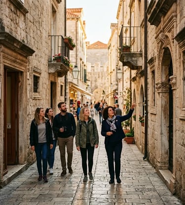 Small group with local guide walking through Dubrovnik Old Town stone streets