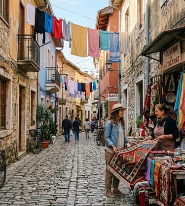 Tourist browsing handmade rugs at a cobblestone street market in Albania