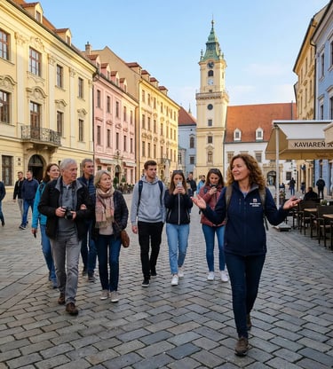 Tour guide leading group through Bratislava cobblestone square with clock tower