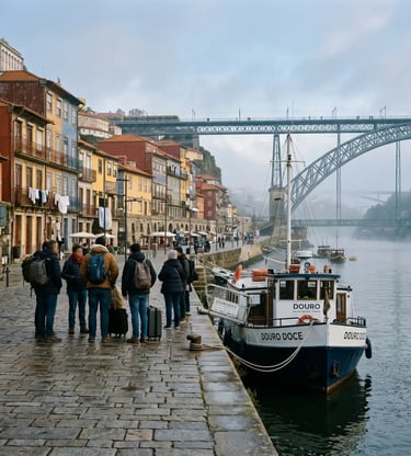 Group of travelers boarding Douro river cruise boat at Porto Ribeira pier on a misty morning