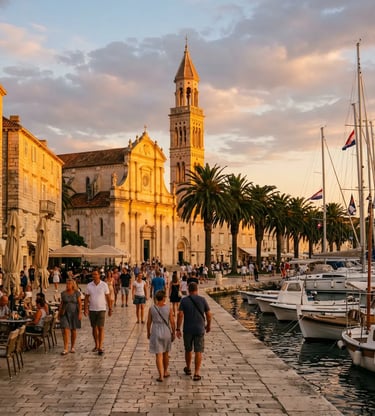 Sunset on Hvar town main square with cathedral, palm trees and sailboats in the harbor.