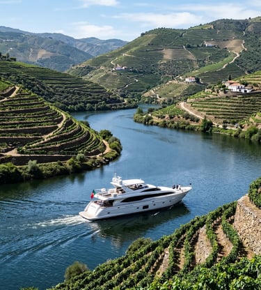 White luxury yacht with Portuguese flag sailing past green terraced vineyards in Douro Valley