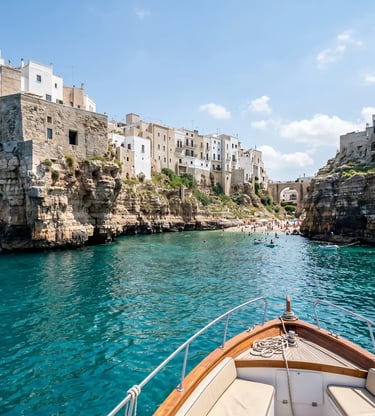 Private boat approaching Lama Monachile cove beach in Polignano a Mare, Monopoli Italy