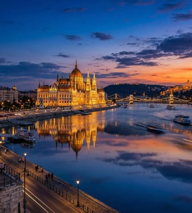 Budapest Parliament glowing at dusk reflected in the Danube River with Chain Bridge