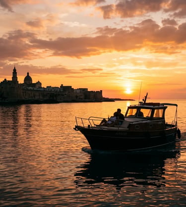 Couple enjoying private sunset boat tour near Monopoli old town silhouette, Puglia, Italy.