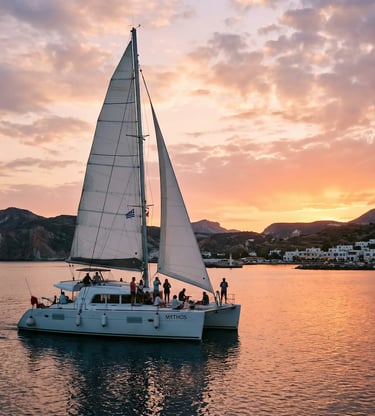 Catamaran sailing into Adamas port Milos at sunset with pink sky and white village lights