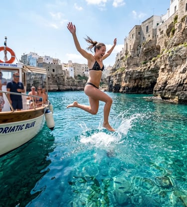 Happy woman jumping from Adriatic Blue tour boat into clear turquoise water near Polignano cliffs