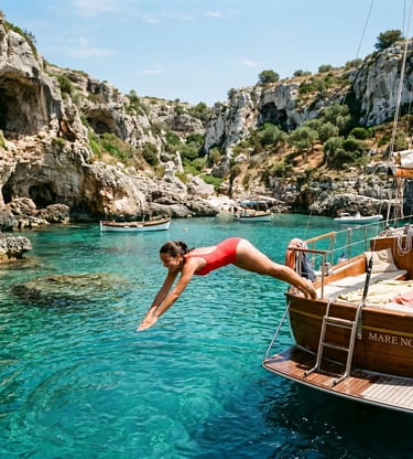 Woman in red swimsuit diving from private boat into turquoise Adriatic cove Puglia