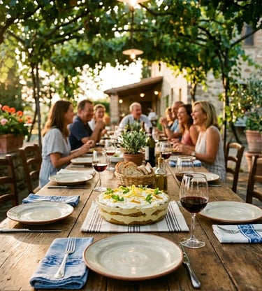 Guests laughing around rustic farmhouse table with lemon tiramisu and wine in Agerola