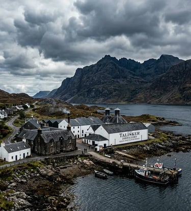 alisker Distillery on Isle of Skye coastline with Cuillin mountains and overcast sky.
