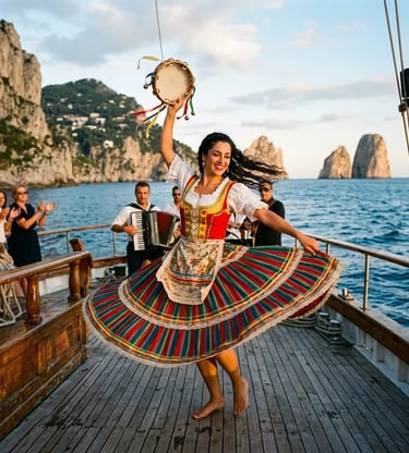 Original Tarantella dancer performing in traditional costume on yacht deck near Capri Faraglioni