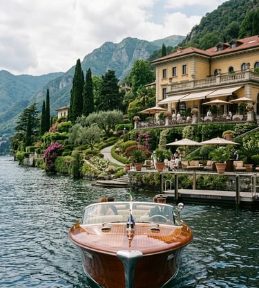 Wooden boat arriving at Mandarin Oriental Lake Como with lush garden terrace view