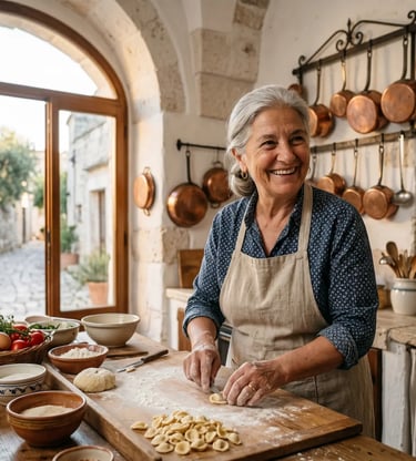 Smiling Cesarina making orecchiette in traditional Puglian kitchen with copper pots, Lecce