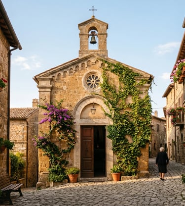 Ancient stone church with ivy and bell tower on cobblestone square Italy