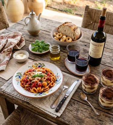 Handmade orecchiette pasta, tiramisu cups and Primitivo wine on rustic table in Puglia, Italy