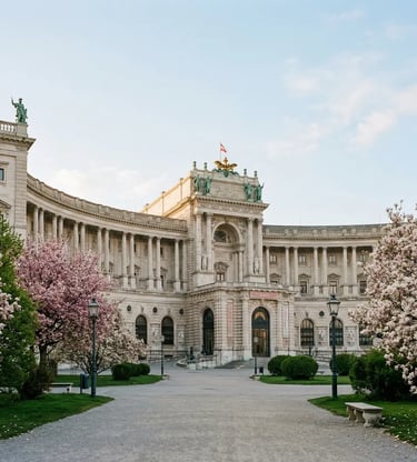 Hofburg Palace facade with blooming magnolia trees on a clear spring morning in Vienna