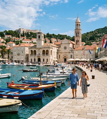 Couple walking along Hvar harbor with colorful boats and cathedral in background