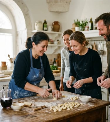 Italian host laughing with small group shaping orecchiette pasta in rustic Lecce kitchen