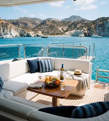 Luxury yacht stern deck with white cushions and fresh fruit anchored off Milos, Greece coastline